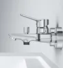 A close-up, studio shot of a chrome faucet mounted on a wall above a white sink. Produktbild-Vorschau