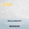 A close-up of a white quilted mattress cover with a yellow marketing tag and icons at the bottom. Produktbild-Vorschau
