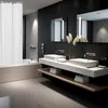 A modern bathroom with a bathtub, shower curtain, and double vanity. Podgląd zdjęcia produktu
