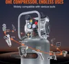 An air compressor with various tools connected via orange lines, illustrating its multiple uses. Produktbild-Vorschau
