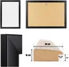 A collage of images showing a black picture frame from different angles, including a close-up of the frame's corner and a diagram with dimensions. Produktbild-Vorschau
