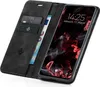 A black flip-style phone case with card slots and a phone inside showing the screen. Produktbild-Vorschau