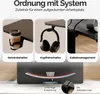 Collage showcasing desk accessories like a cup holder, headphone holder, and cable management system, along with a monitor with a U-shaped cutout and cable clips. Anteprima dell’immagine prodotto