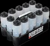 A black plastic holder filled with 8 clear plastic water bottles with black lids, set against a black background. Anteprima dell’immagine prodotto
