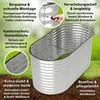 A metal raised garden bed shown outdoors on soil and grass, with text overlays highlighting features. Produktbild-Vorschau