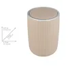 A beige trash can with a silver rim and lid, shown next to a diagram with dimensions. Produktbild-Vorschau