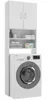 A white cabinet for a washing machine with two doors on top and shelves below, a washing machine beneath it. Anteprima dell’immagine prodotto