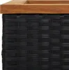 A close-up view of the top section of a black rattan planter with a wooden lid. Voir les images du produit