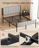 A bed frame with a padded headboard and footboard, shown in a bedroom setting with a nightstand and window in the background. Close-up insets highlight assembly details. Produktbild-Vorschau