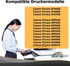 A woman interacting with a printer, with a list of compatible printer models displayed. Produktbild-Vorschau