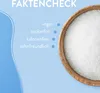 A bowl of white granular sweetener next to a list of its features. Produktbild-Vorschau