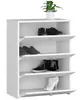 A white shoe cabinet with four open shelves, displaying various shoes and a potted plant on top. Produktbild-Vorschau