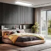 A modern bedroom with a bed, wall paneling, and a large window. Produktbild-Vorschau