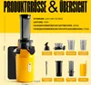 A product shot of a yellow juicer with various accessories and text overlays detailing its specifications and features. Náhľad obrázku produktu