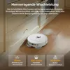 A white robot vacuum cleaner is shown on a wooden floor next to kitchen cabinets. Text overlays describe its features. Produktbild-Vorschau