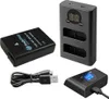 A set of camera accessories including a battery, a dual battery charger, and a USB cable, arranged on a white background. Produktbild-Vorschau