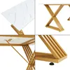 A collage of four close-up images showing details of a dining table with a marble-look top and gold metal legs. Produktbild-Vorschau