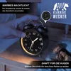 A hand is shown pressing the light button on a black alarm clock on a nightstand, with a couple sleeping in the background. Produktbild-Vorschau