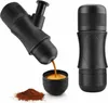 A black portable espresso maker is shown, with coffee being dispensed into a small cup. A pile of coffee grounds is also visible. Produktbild-Vorschau