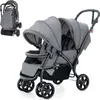 A grey double stroller is shown against a white background. A smaller image of the stroller folded is in the top left corner. Produktbild-Vorschau