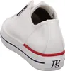 A rear view of a white leather sneaker with red and blue accents on the sole and a black lace. Produktbild-Vorschau