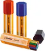 A collection of STABILO Fineliner pens in various colors, including two individual pens with caps and a box containing multiple pens. Voir les images du produit