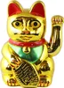 A golden lucky cat figurine with a red collar and green bib. Produktbild-Vorschau