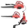 A collage of a red electric leaf blower from different angles, showing its nozzle, handle, and strap. Produktbild-Vorschau