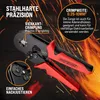 A crimping tool is shown with text overlays highlighting its features and specifications, set against a background of sparks. Produktbild-Vorschau