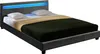 A modern bed with a grey fabric frame and a blue LED light strip on the headboard. Produktbild-Vorschau