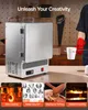 A tabletop electric furnace is shown in a workshop setting, with various applications illustrated at the bottom. Náhled obrázku produktu