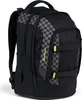 A black backpack with a checkered pattern and yellow accents. Produktbild-Vorschau