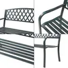 A collage of four close-up images of a dark gray metal garden bench with a green patina. Produktbild-Vorschau