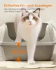 A cat is stepping into a litter box, with text and a measurement indicating the low entry height. Produktbild-Vorschau