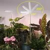 A close-up view of a plant grow light illuminating various indoor plants, with annotations indicating adjustable height and rotation angles. Produktbild-Vorschau