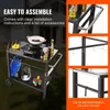 A multi-panel image showcasing a black outdoor grill cart with various accessories and close-ups of its features, set against a blurred outdoor background and orange panels. Produktbild-Vorschau