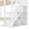 Close-up view of a white bunk bed with stairs and built-in storage shelves. Podgląd zdjęcia produktu
