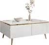 A white, high-gloss coffee table with gold accents and wooden legs, decorated with a vase of dried flowers and a decorative bowl. Produktbild-Vorschau