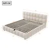 A beige upholstered bed frame with a slatted mattress base, shown with dimensions indicated by measurement lines and numbers. Produktbild-Vorschau