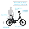 Diagram showing an electric bike with various measurements and feature callouts, alongside a silhouette of a person for scale. Produktbild-Vorschau