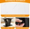 A collage of images showcasing the features of a desk, including its marble-like tabletop, V-shaped legs, and an adjustable knob. Anteprima dell’immagine prodotto