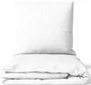 A white pillow and folded duvet set with thin vertical stripes, presented on a white background. Produktbild-Vorschau