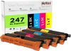 A set of four toner cartridges for a laser printer, with their packaging in the background. Produktbild-Vorschau