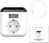 A product shot of a smart plug thermostat, a USB cable, and a user manual, arranged on a white background. Produktbild-Vorschau