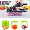 A hand is using a vegetable chopper to dice an onion. Below the chopper, three different attachments are displayed with examples of their use: an egg separator, a small dicer with diced carrots, and a large dicer with diced red onions. Náhled obrázku produktu
