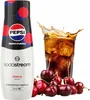 A bottle of Sodastream Pepsi Max Cherry syrup next to a glass of cola with a splash and cherries. Produktbild-Vorschau