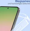 A close-up of a smartphone with a transparent phone case next to it, with marketing text overlayed. Produktbild-Vorschau