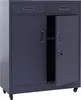A dark gray metal filing cabinet with two drawers on top and two doors below, one of which is open. Produktbild-Vorschau