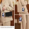 Collage of images showing a person using a phone case with a crossbody strap and ring holder. Produktbild-Vorschau