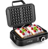 A black waffle maker with two waffles topped with cream and raspberries inside. Produktbild-Vorschau